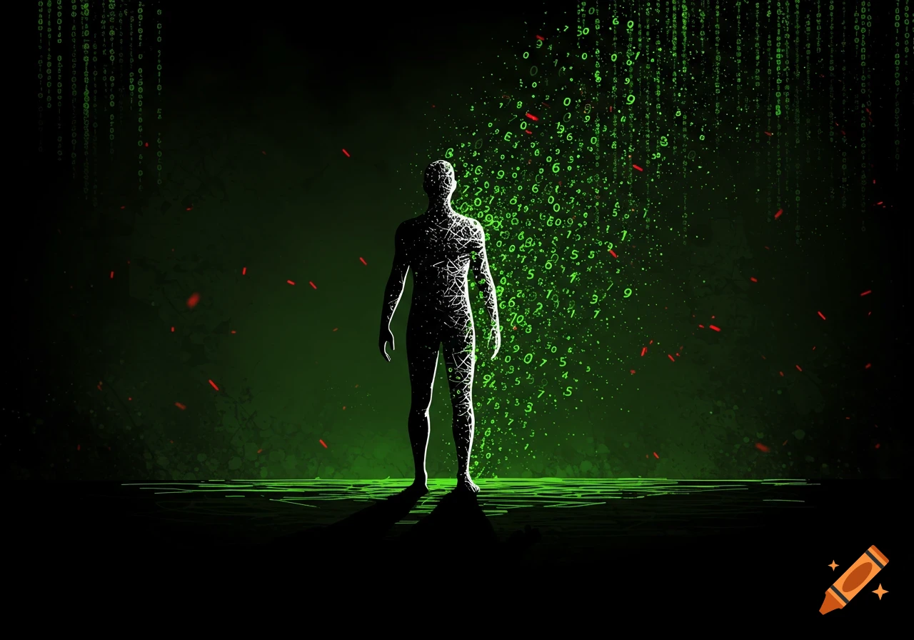 A human silhouette dissolving into green numbers and code on a dark green and black background in a noir graphic novel style.