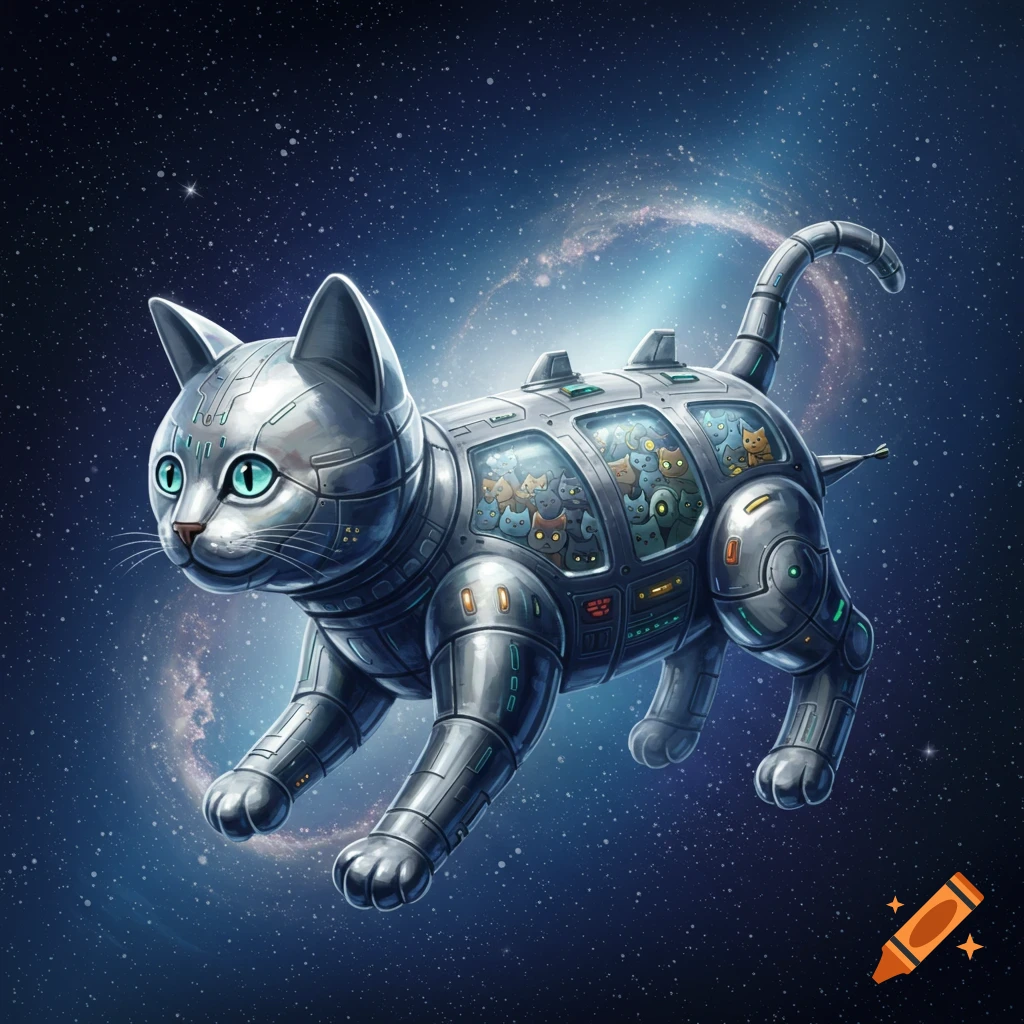 A metallic, cat-shaped spaceship filled with small cats, floating through a starry galaxy.