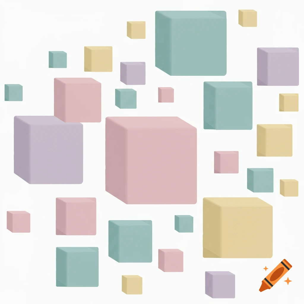 Pastel pink, purple, teal, and yellow cubes of different sizes floating in a scattered pattern on a white background.