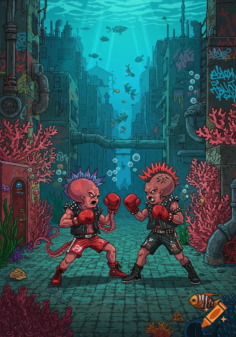 Pixel art of two punk octopi wearing boxing gloves, ready to fight in an underwater city with graffiti-covered buildings and coral.