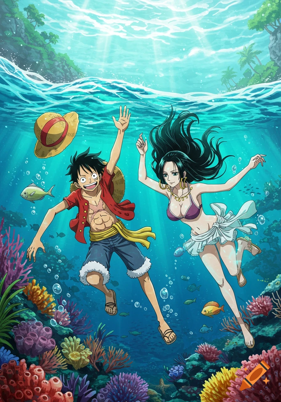 Anime characters Luffy and Boa Hancock swim in a vibrant coral reef underwater.