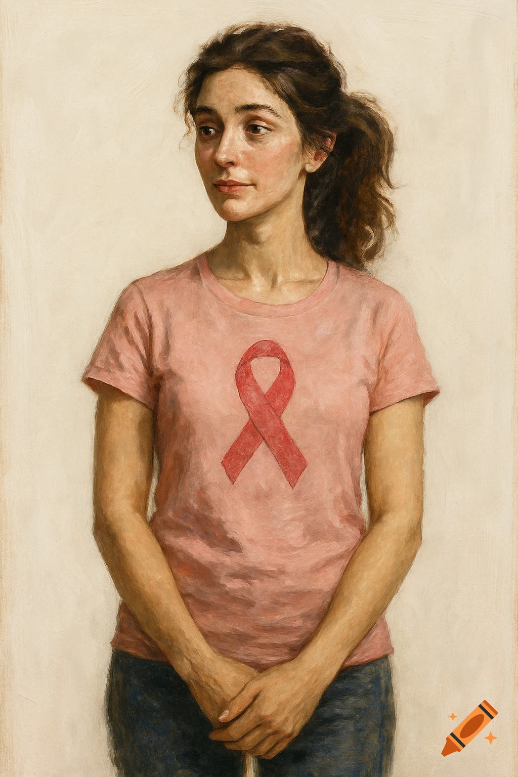 Painterly portrait of a woman in a pink shirt with a red awareness ribbon, looking wistfully to the side.