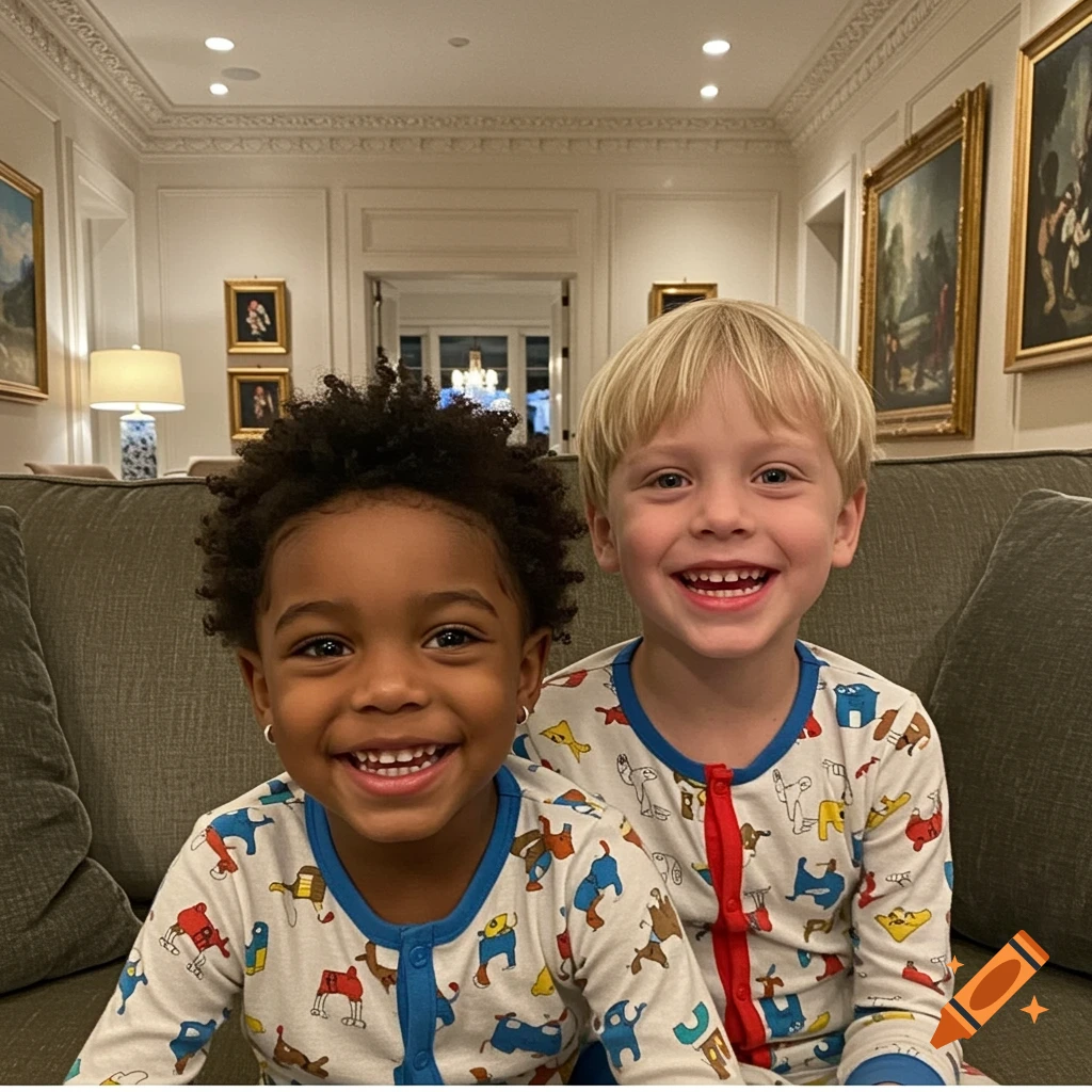 Two smiling young boys in patterned pajamas sit on a couch in an ornate room.