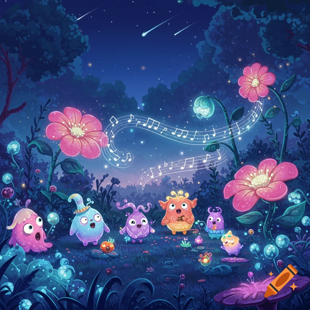 Whimsical illustration of colorful cartoon monsters playing music in an enchanted, glowing forest at night with shooting stars.
