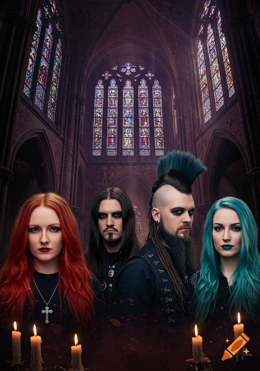 Photorealistic portrait of four goth/metal band members in a gothic cathedral with stained glass windows, candles in the foreground.