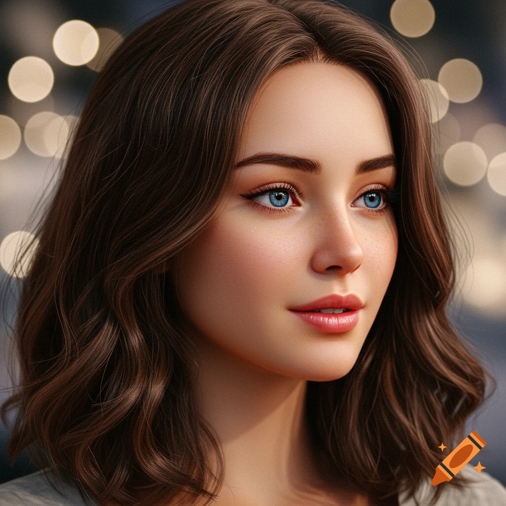 A close-up, photorealistic portrait of a beautiful young woman with brown wavy hair and bright blue eyes, looking to the side.
