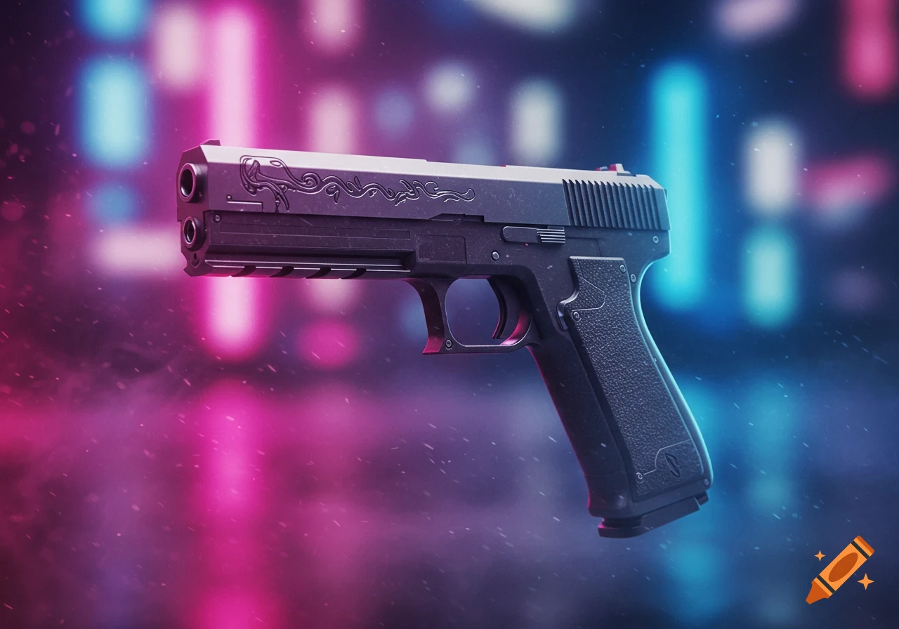 A detailed pistol with decorative engravings on the slide, set against a blurry neon pink and blue city background.