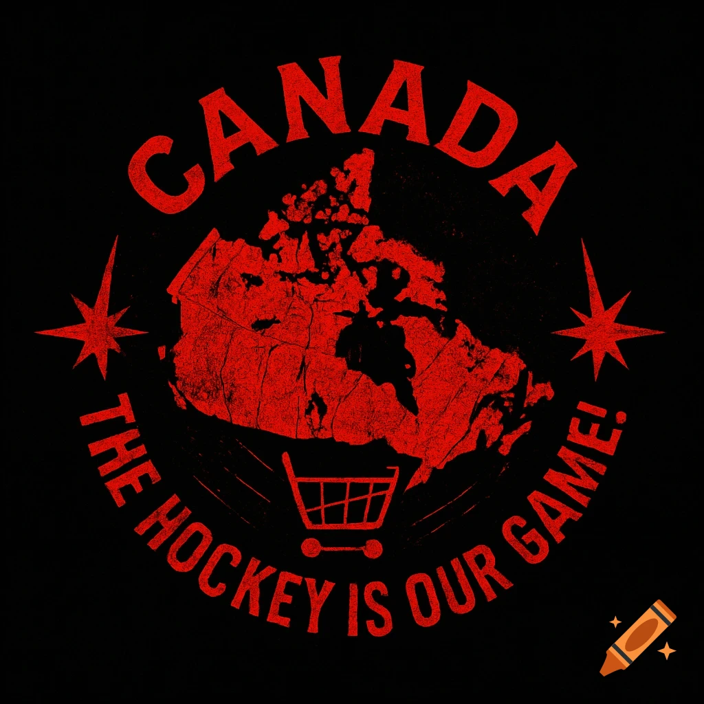 A red graphic on a black background features a map of Canada with a shopping cart icon. Text reads "CANADA" and "THE HOCKEY IS OUR GAME!".