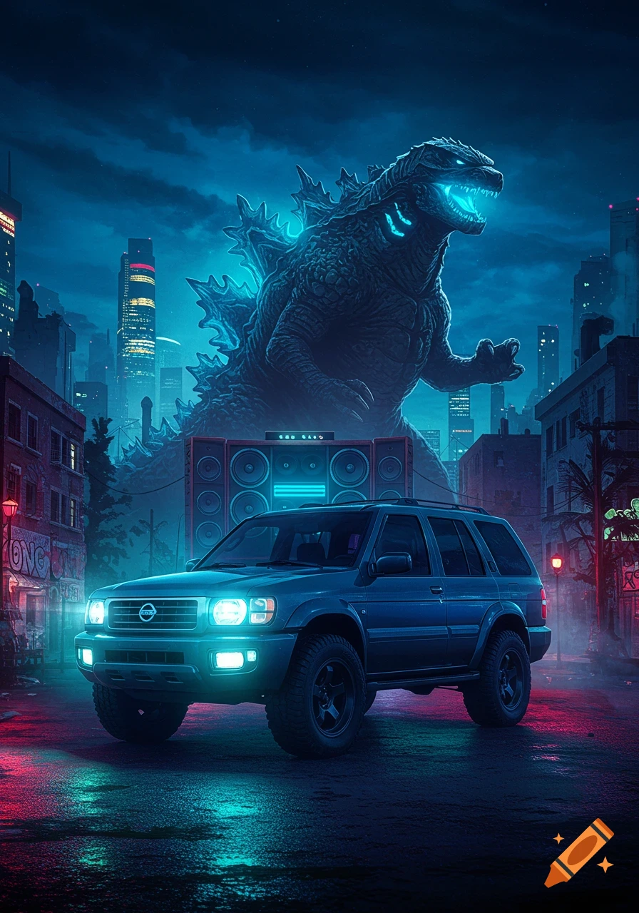 A neon-lit 2002 Nissan Pathfinder SUV in a dark urban cityscape with Godzilla, speakers, and graffiti, in a streetwear style.