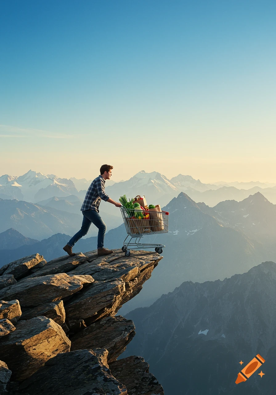 A man pushes a grocery cart to the edge of a rocky mountain peak with snow-capped mountains in the background under a clear sky.