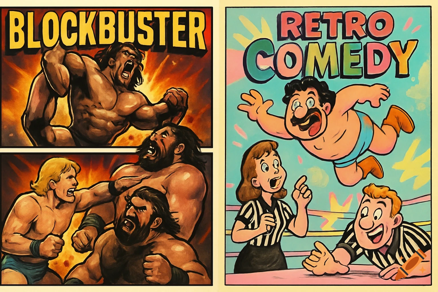 Two comic posters: one for 'BLOCKBUSTER' with serious wrestlers, another for 'RETRO COMEDY' with a flying cartoon wrestler.