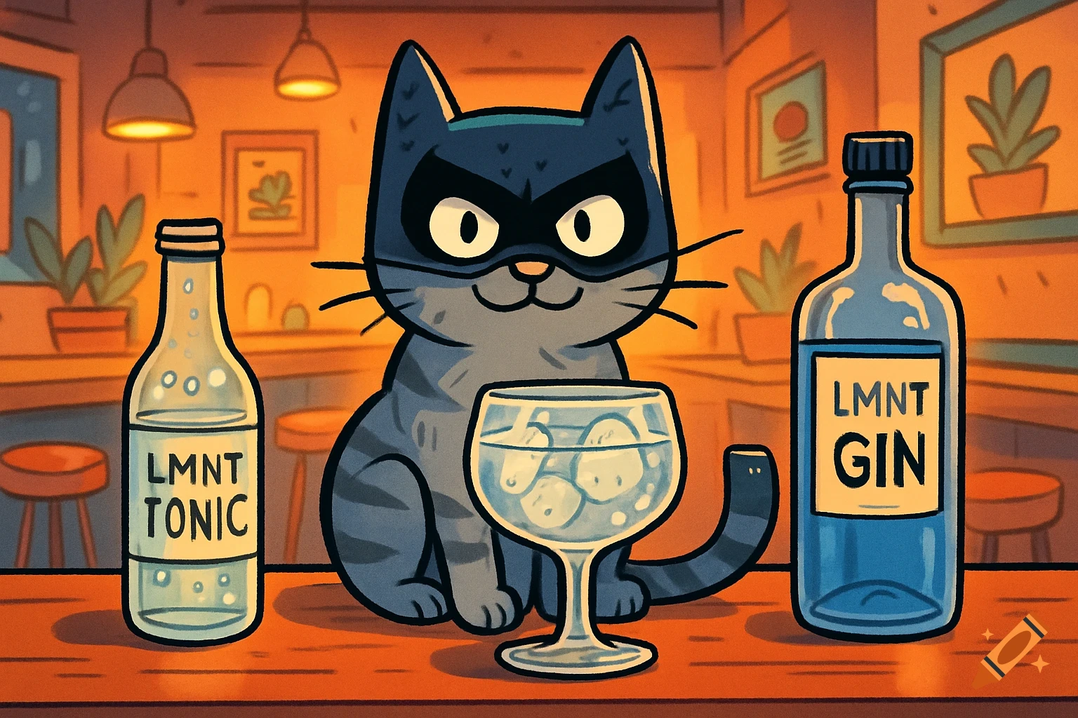 A cartoon grey cat wearing a batman mask sits at a bar counter between bottles of LMNT Tonic and LMNT Gin, with a glass of gin and tonic in front.