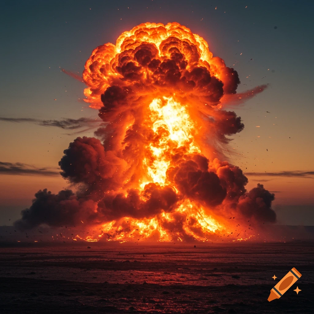 Massive fiery explosion forming an orange and red mushroom cloud against a sunset sky, with debris scattering.