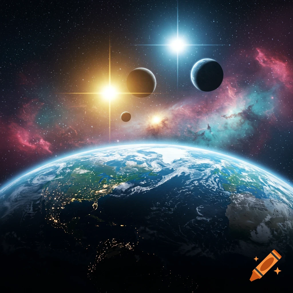 View of Earth from space with city lights, three moons, and two bright stars against a colorful nebula.