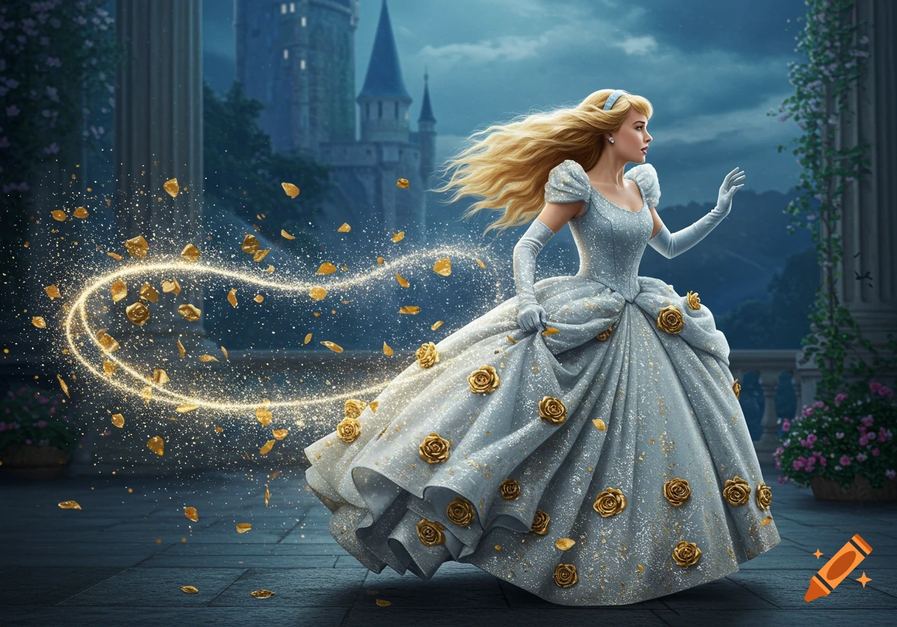 Cinderella runs from a castle at night in a sparkling silver ballgown with gold roses, leaving a trail of magic dust and golden petals.