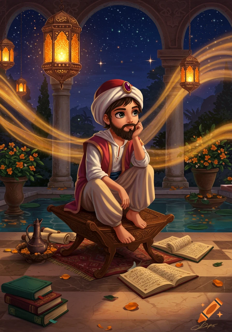 A stylized illustration of a young man with a beard and turban, sitting by open books and glowing lanterns under a starry night.