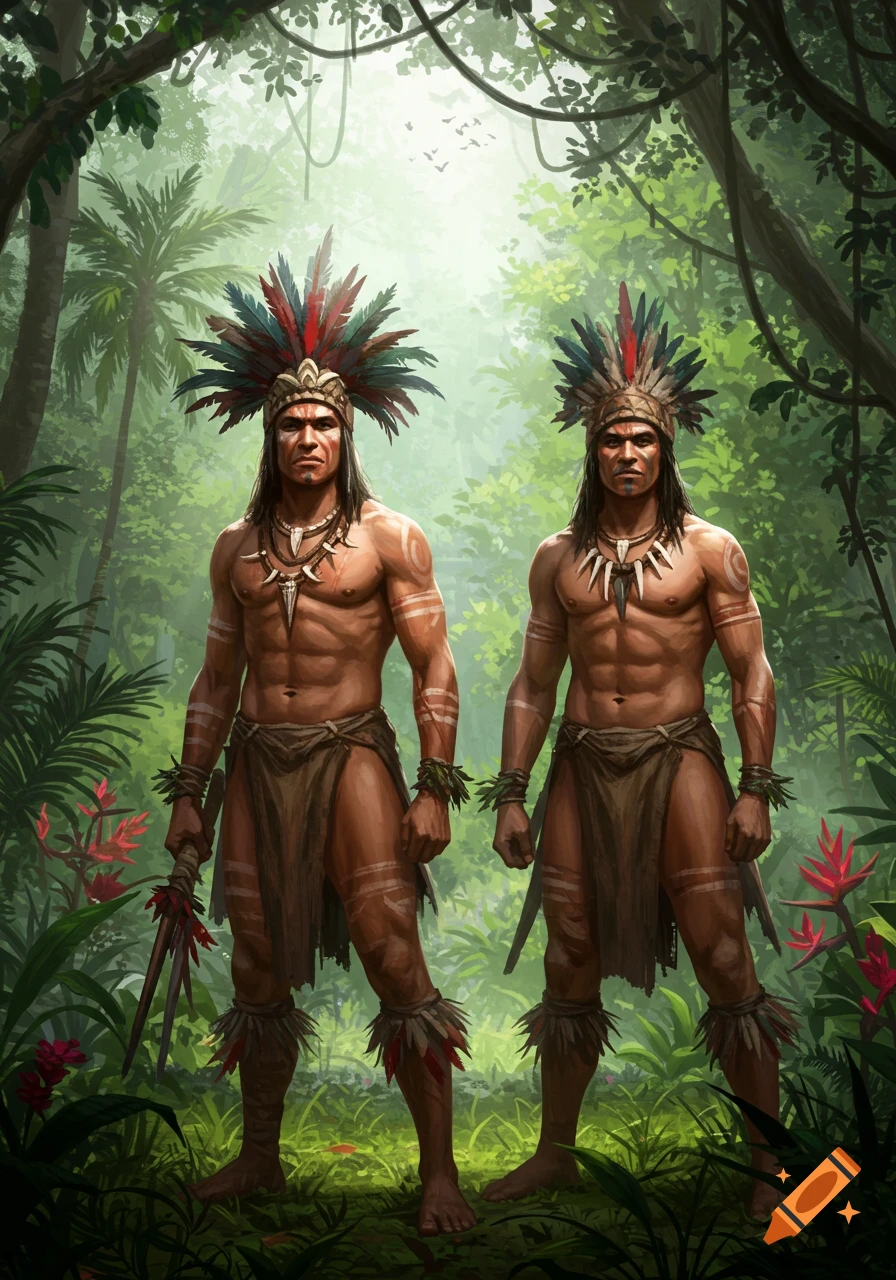 Two muscular men in tribal attire, feather headdresses, and bone necklaces stand in a lush green jungle.