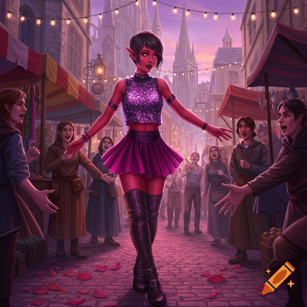 A red-skinned elf in a sparkly purple crop top and skirt poses for fans in a medieval market street at dusk, fantasy art.