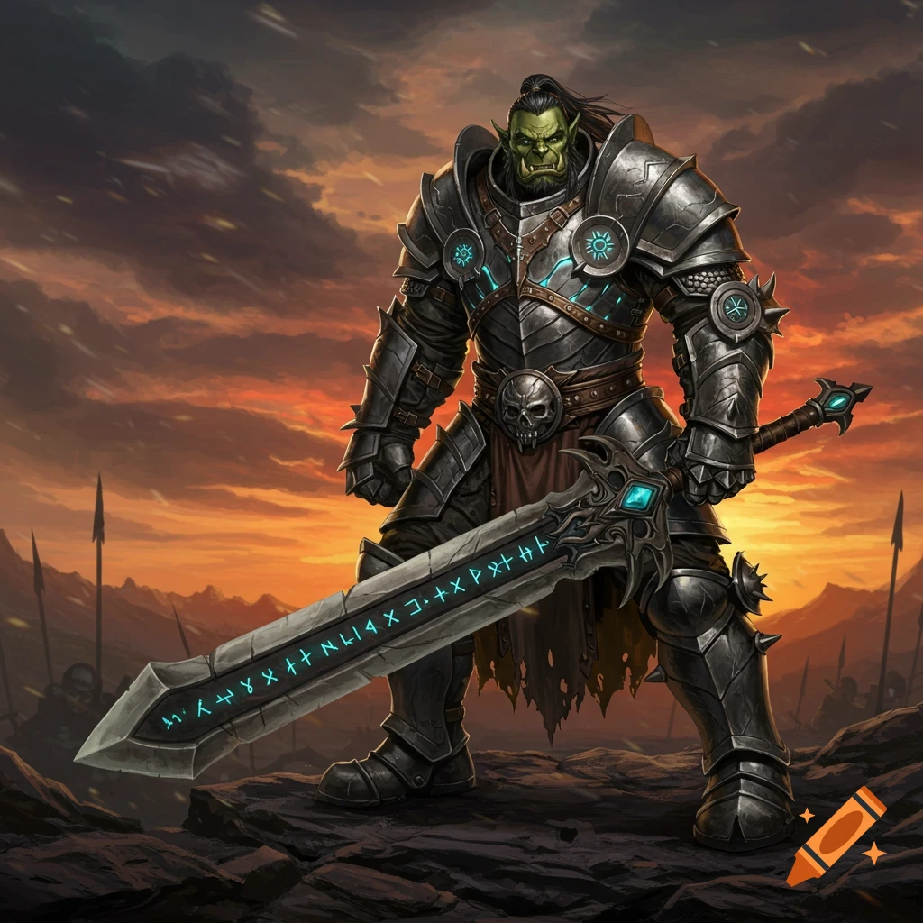A green-skinned orc warrior in dark heavy plate armor wields a glowing runic greatsword against a dramatic, fiery sunset.