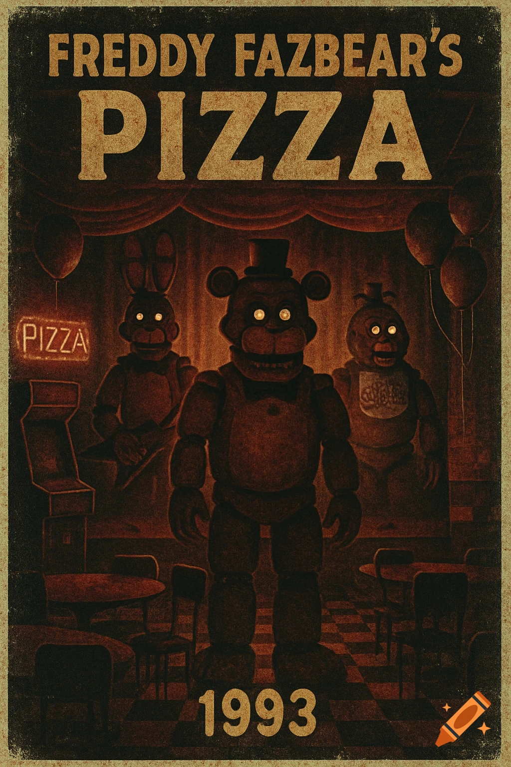 Vintage-style poster for Freddy Fazbear's Pizza, featuring Freddy, Bonnie, and Chica animatronics with glowing eyes in a dark pizzeria, year 1993.