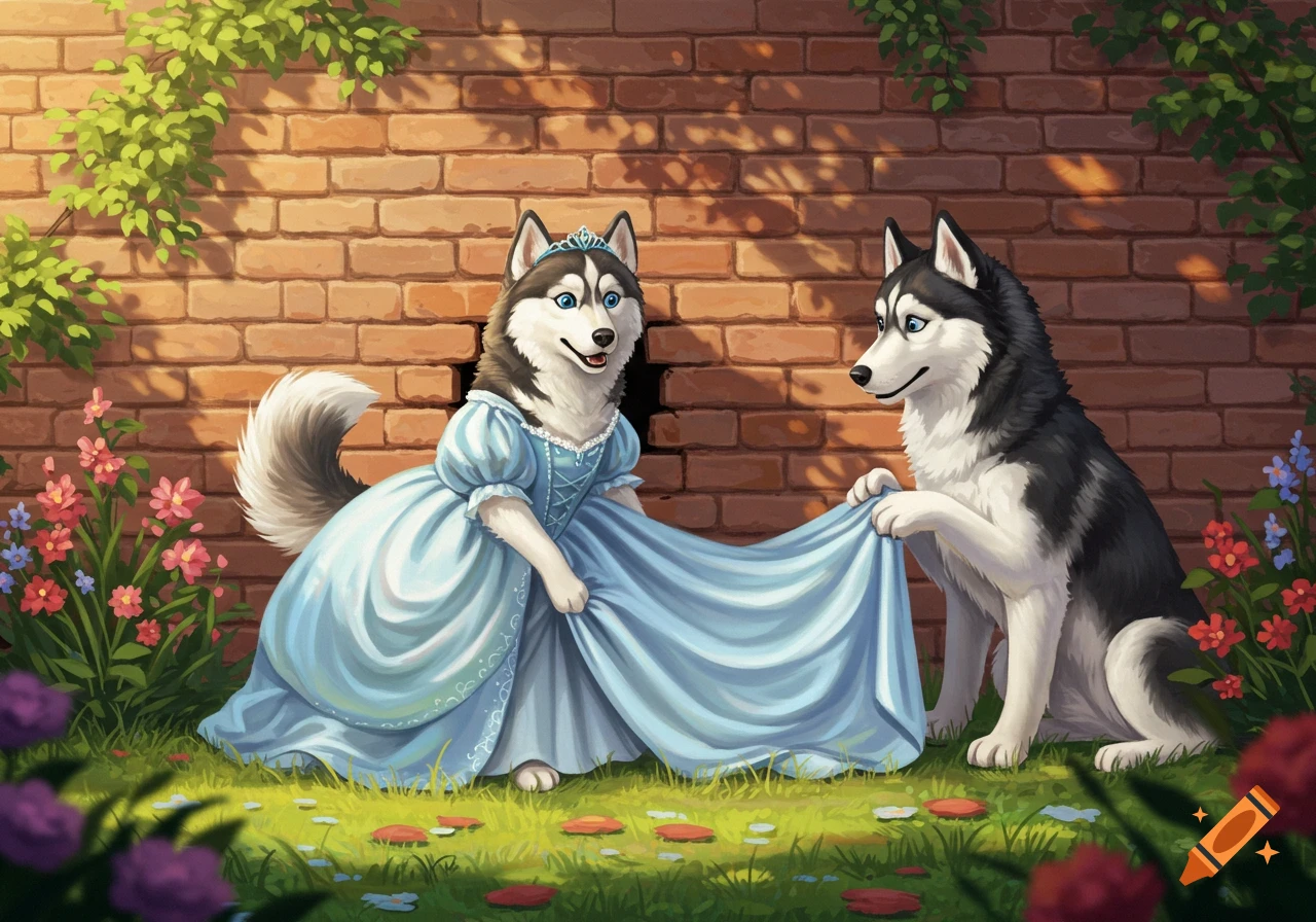Illustrated cartoon of a husky in a blue princess gown stuck in a brick wall, with another husky helping her. Flowers and vines surround them.