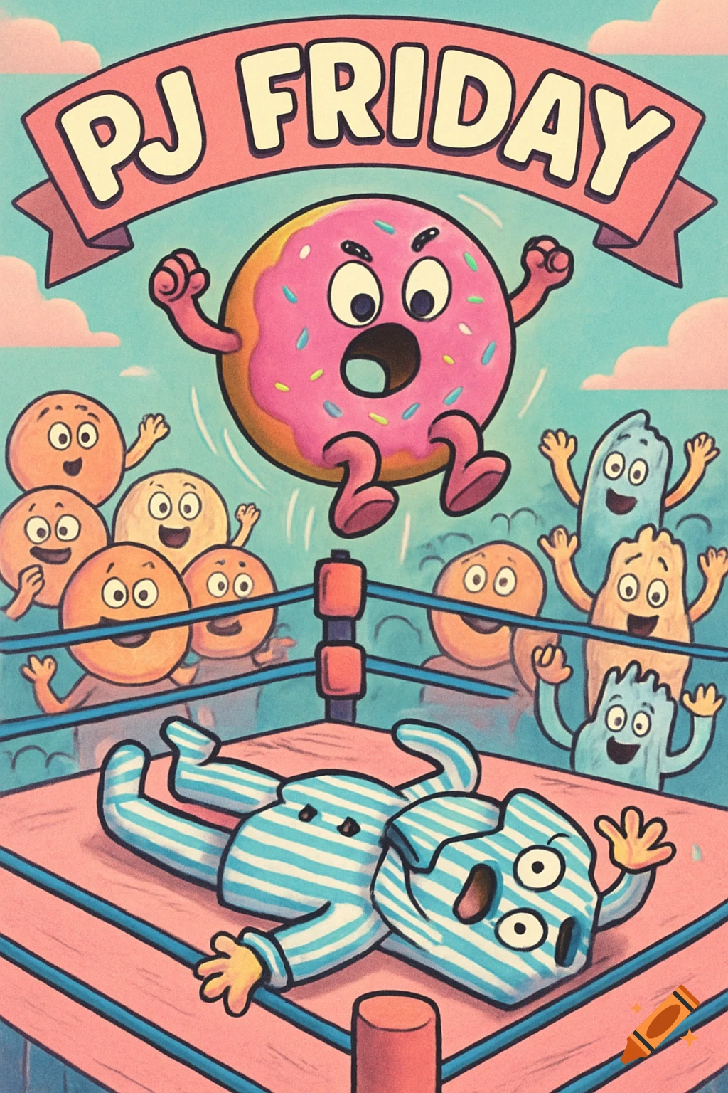 Cartoon pink donut wrestler jumps on striped pajamas in a wrestling ring, cheered by cartoon food and blob characters under a 'PJ FRIDAY' banner.