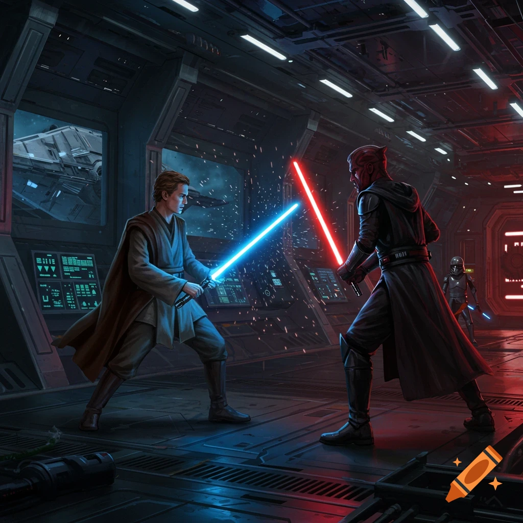 Two figures, one with a blue lightsaber and one with a red lightsaber, duel in a futuristic spaceship corridor with a view of space.