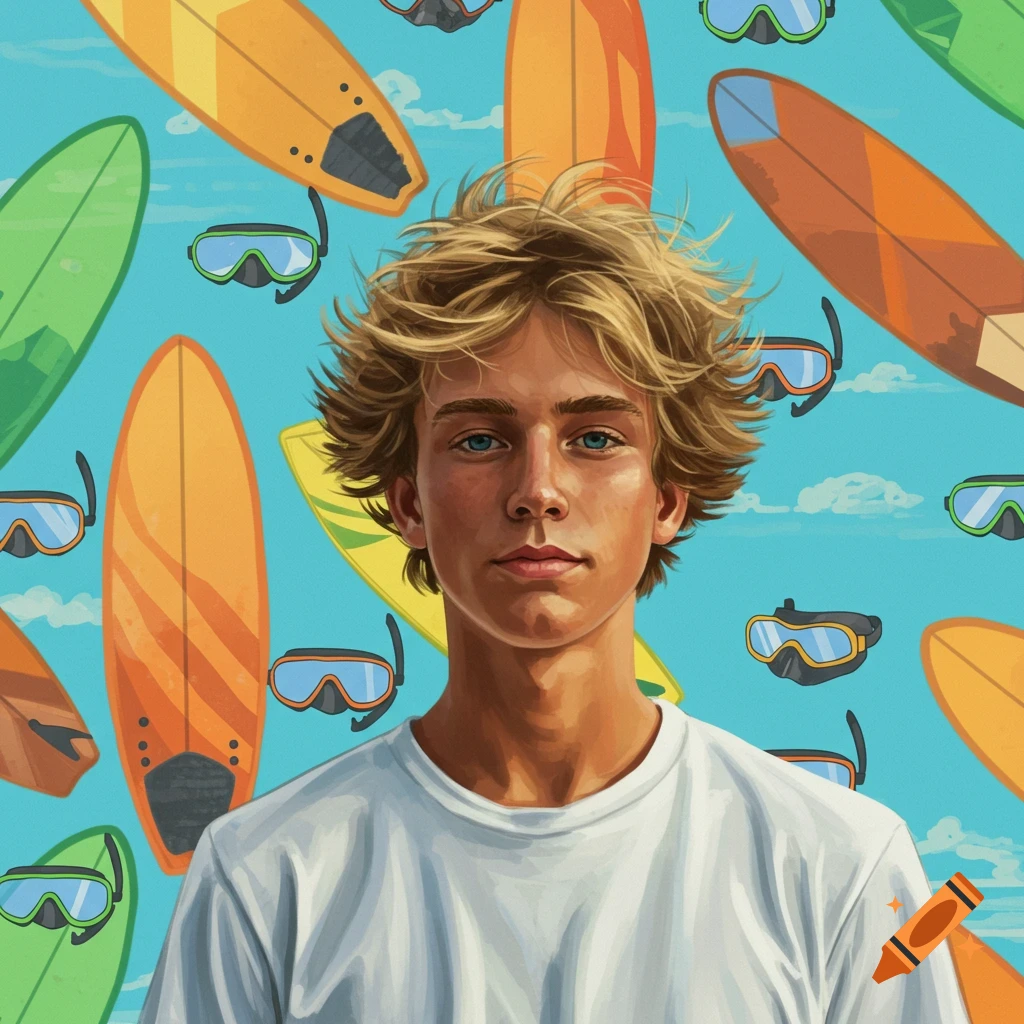 Illustrative portrait of a young man with blonde hair and blue eyes in a white t-shirt, set against a blue background with floating surfboards and diving masks.