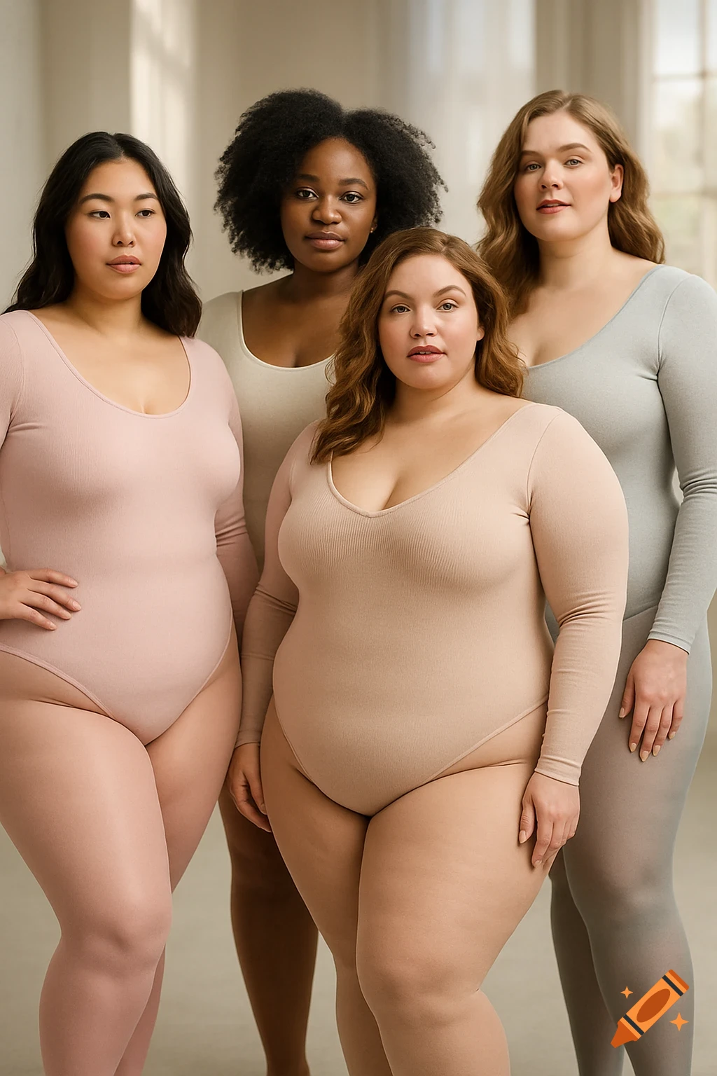 Four diverse plus-size women models posing in long-sleeve leotards and tights of various light colors, in a hyperrealistic style.