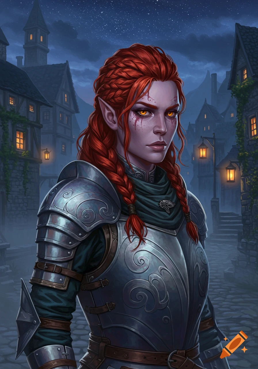 A fantasy illustration of an armored female warrior with red braided hair, purple skin, and glowing orange eyes standing in a dark medieval town at night.