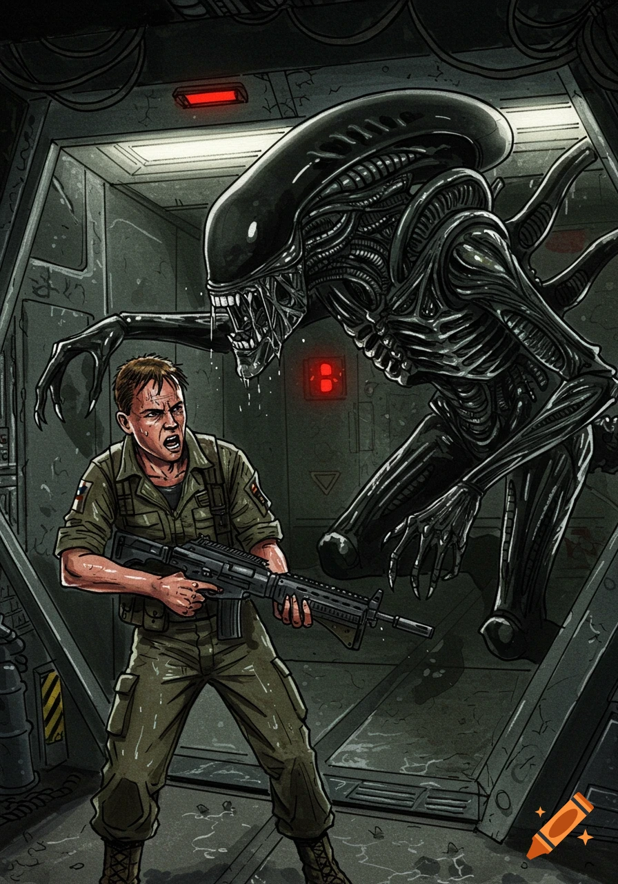 A terrified soldier with a rifle confronts a menacing Xenomorph alien in a dark spaceship corridor, comic book style.