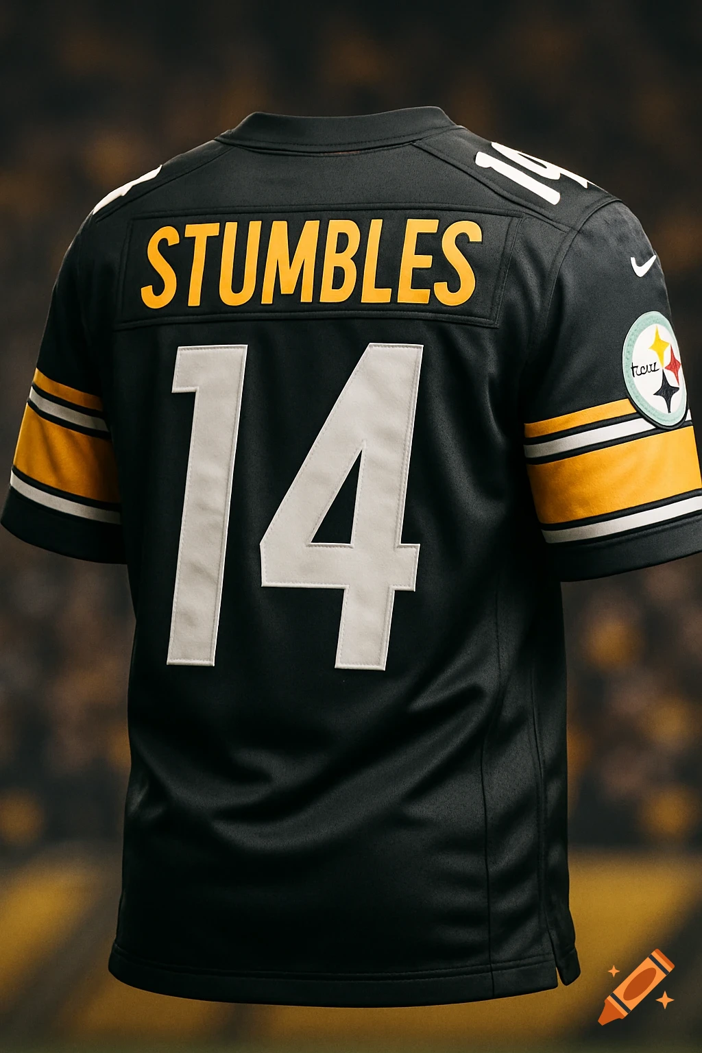 Black Pittsburgh Steelers football jersey from behind with 'STUMBLES' and '14' on the back, photorealistic.