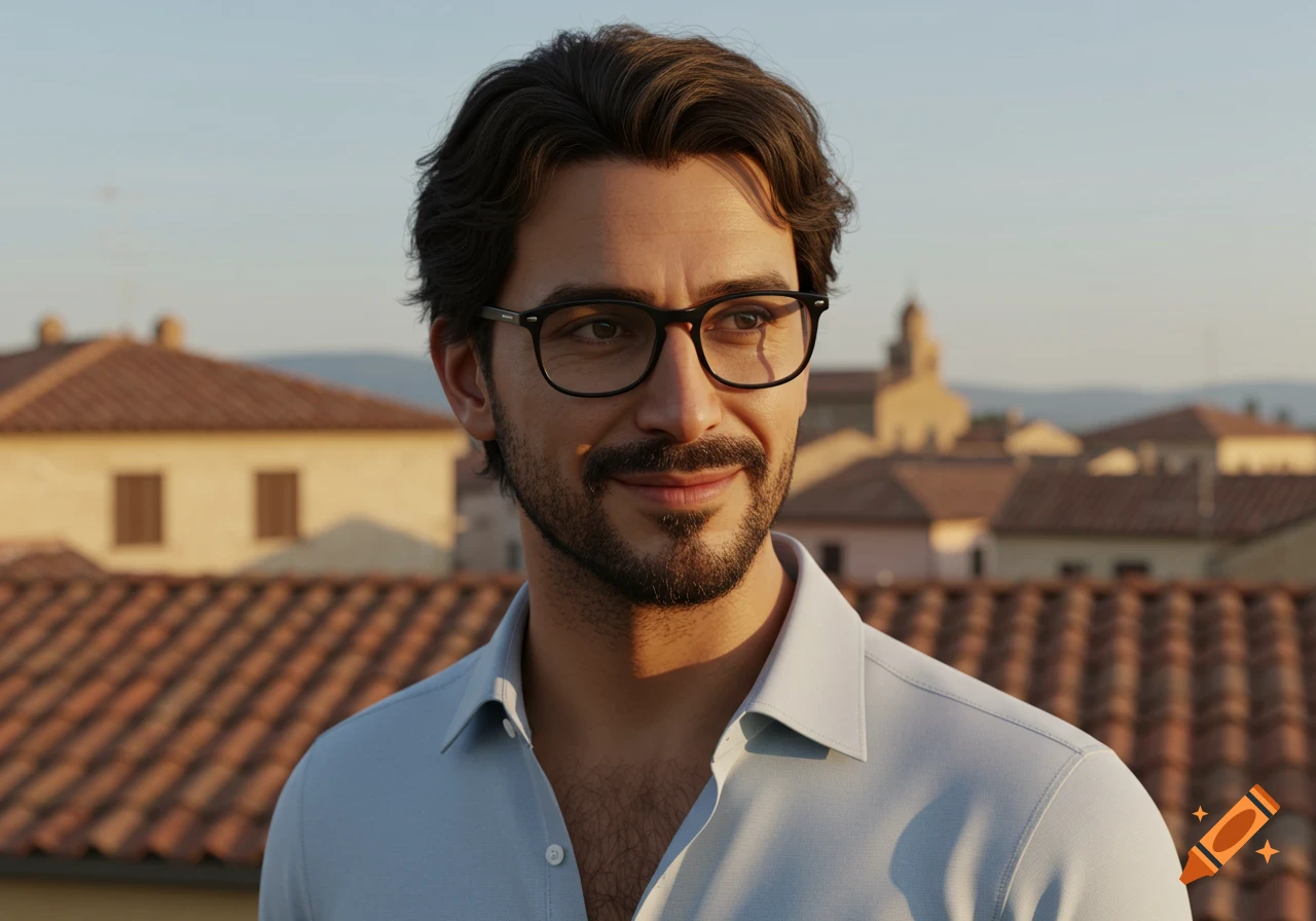 Photorealistic portrait of a smiling man with glasses and a beard, on a city rooftop at sunset.