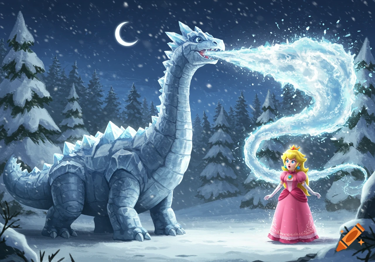 Princess Peach looks surprised as an ice dragon breathes a stream of ice at her in a snowy forest under a crescent moon.