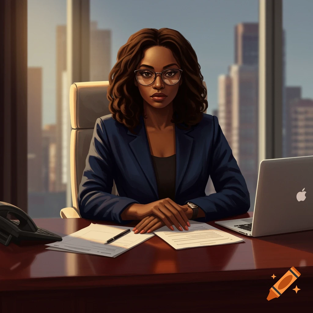Illustrative portrait of a professional Black woman with shoulder-length curly hair and glasses, wearing a suit, seated at an office desk with a laptop and papers, looking directly ahead.