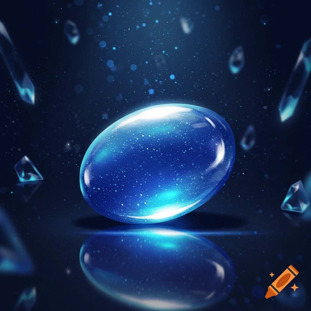 A glowing, speckled blue oval stone rests on a reflective dark surface, surrounded by shimmering light particles and floating crystal shards.