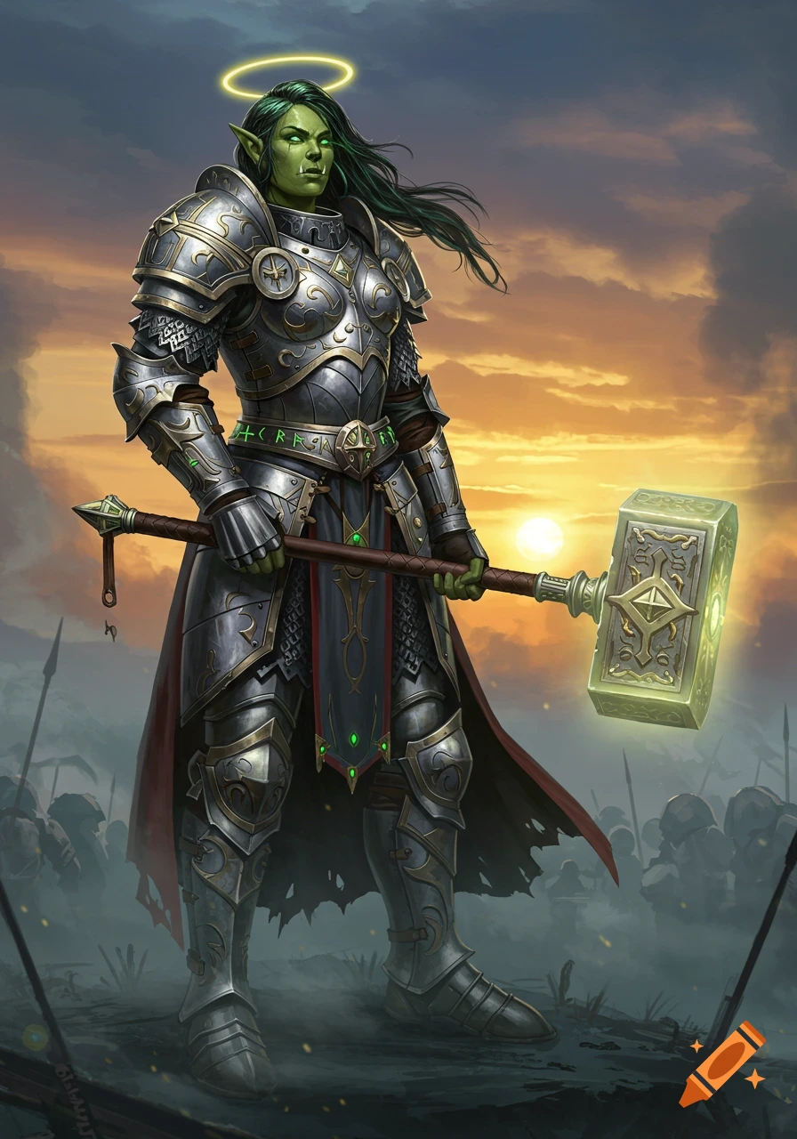 A female orc paladin in ornate armor holding a glowing hammer stands on a battlefield at sunset.