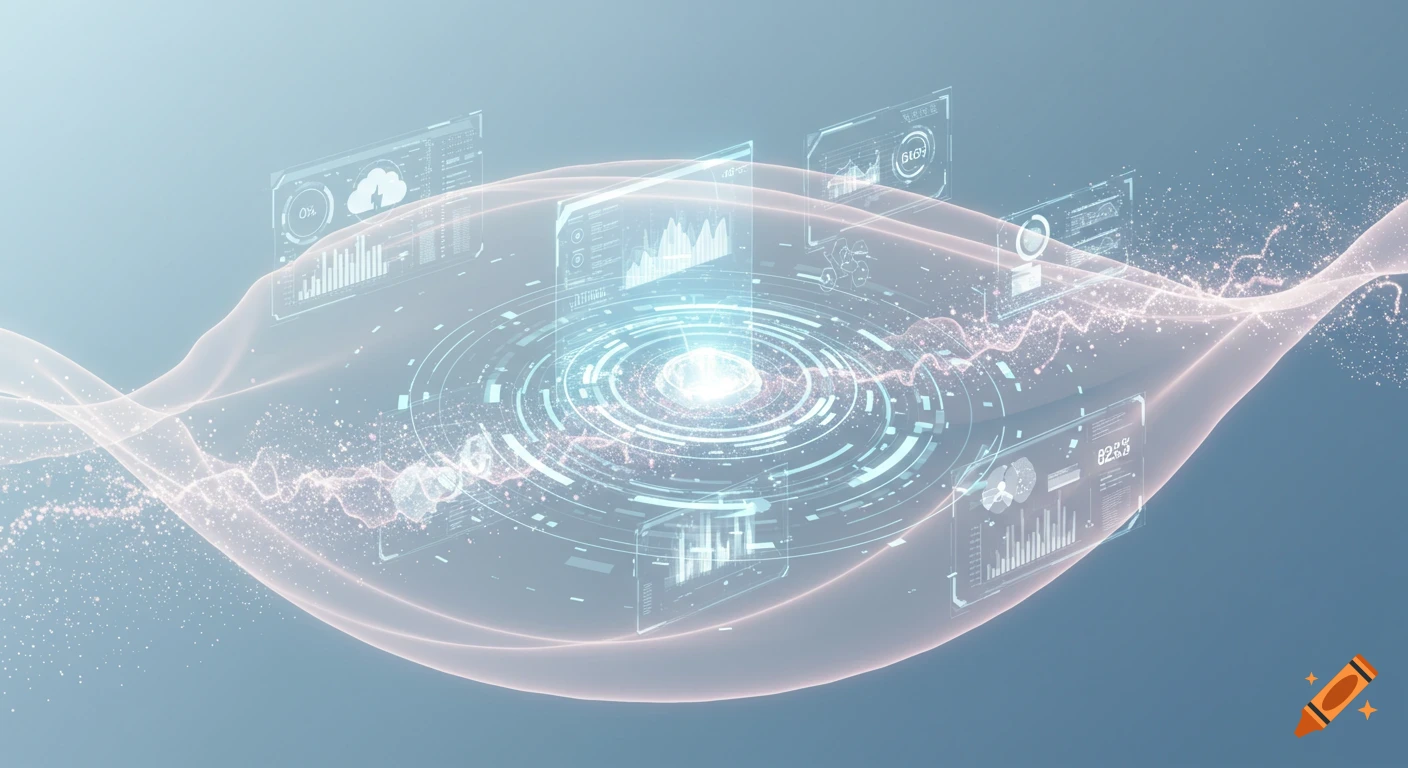 Abstract blue and white image with glowing light waves, small particles, and holographic digital interface elements displaying data visualizations.