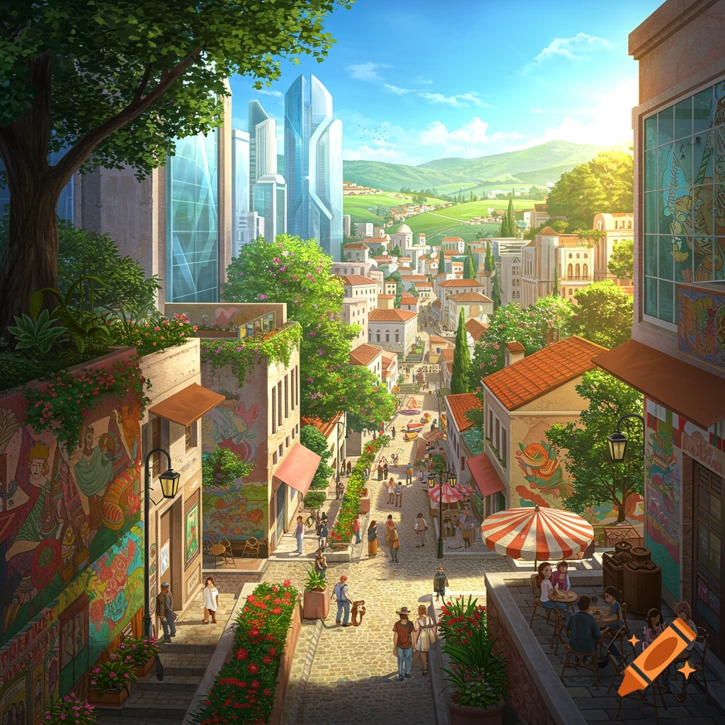 A vibrant, sunny cityscape with futuristic skyscrapers in the background and a bustling European-style town square with people, murals, and lush greenery in the foreground.