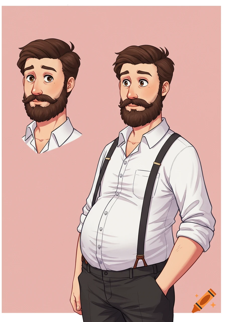 Anime style character reference sheet of a bearded man with a beer belly, wearing a white shirt and suspenders.