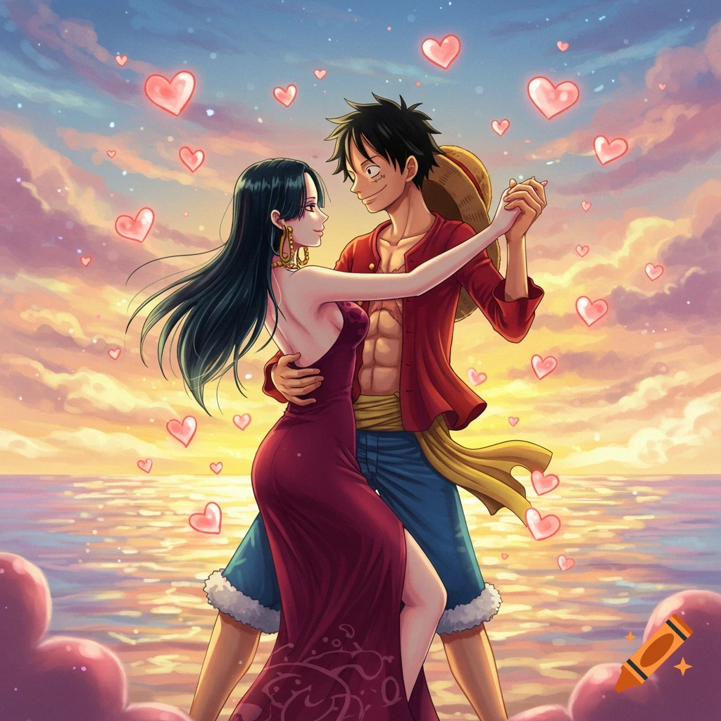 Luffy and Hancock slow dancing by the ocean at sunset with floating hearts in an anime style.
