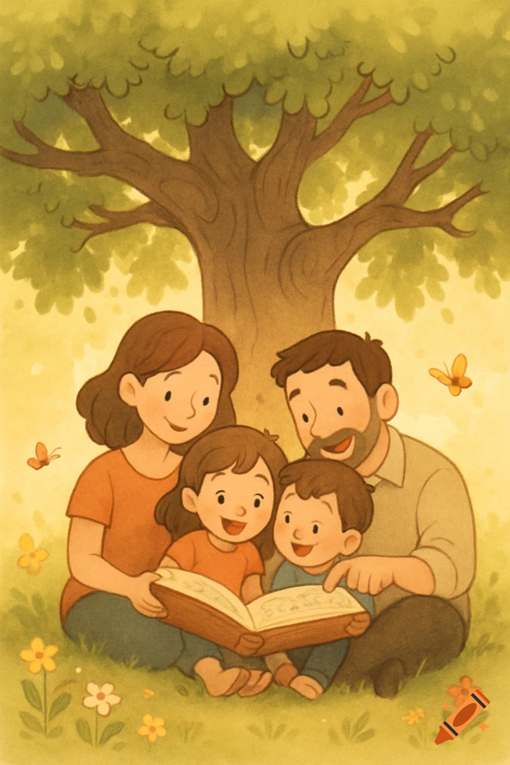 A loving family, consisting of parents and two children, sits under a large tree, reading a book together in a gentle cartoon art style.