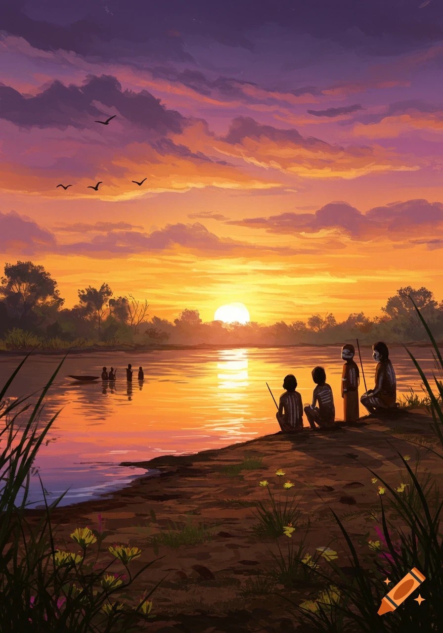 People gathered by a river at sunset, with a vibrant orange and purple sky reflecting on the water.