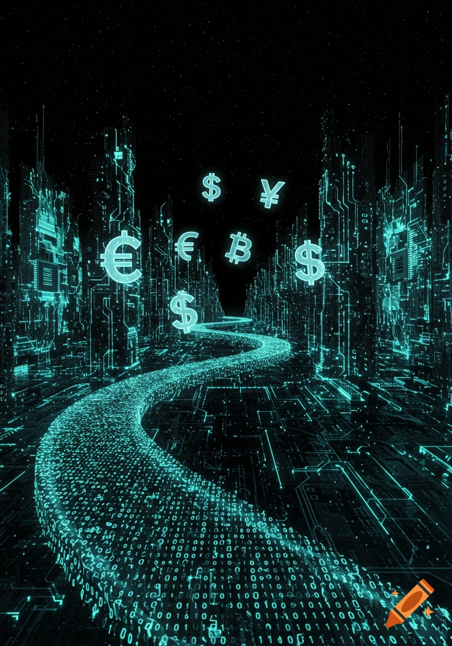 A glowing digital path of binary code winds through a futuristic circuit-board city with floating currency symbols like dollar, euro, yen, and bitcoin.