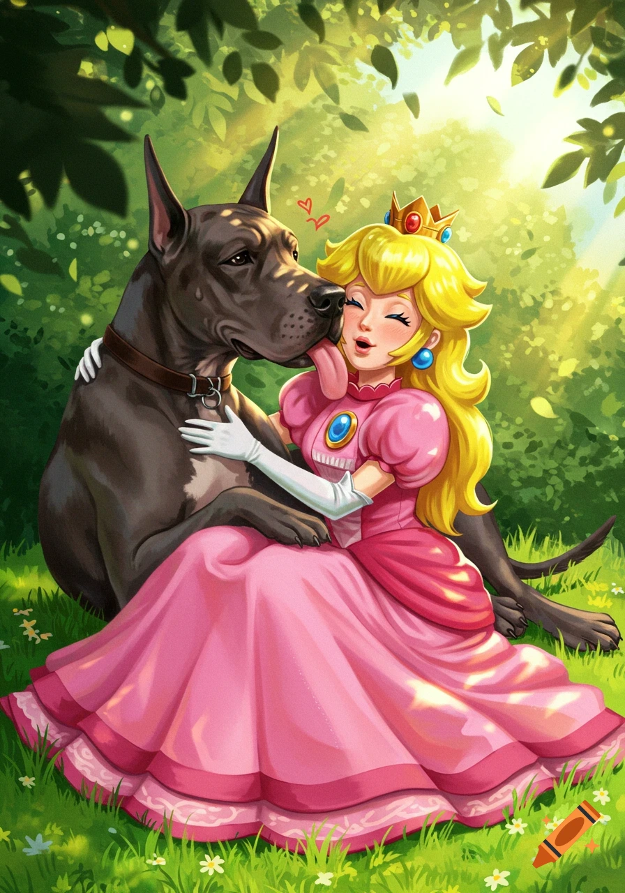 Cartoon illustration of Princess Peach in a pink dress hugging a black Great Dane licking her face in a sunny forest.