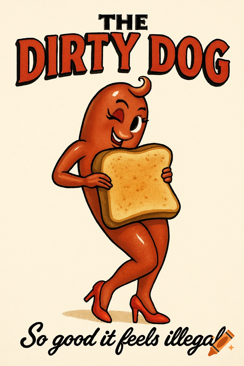 A winking cartoon female sausage character in red high heels holds a slice of bread, with text 'THE DIRTY DOG' and 'So good it feels illegal'.