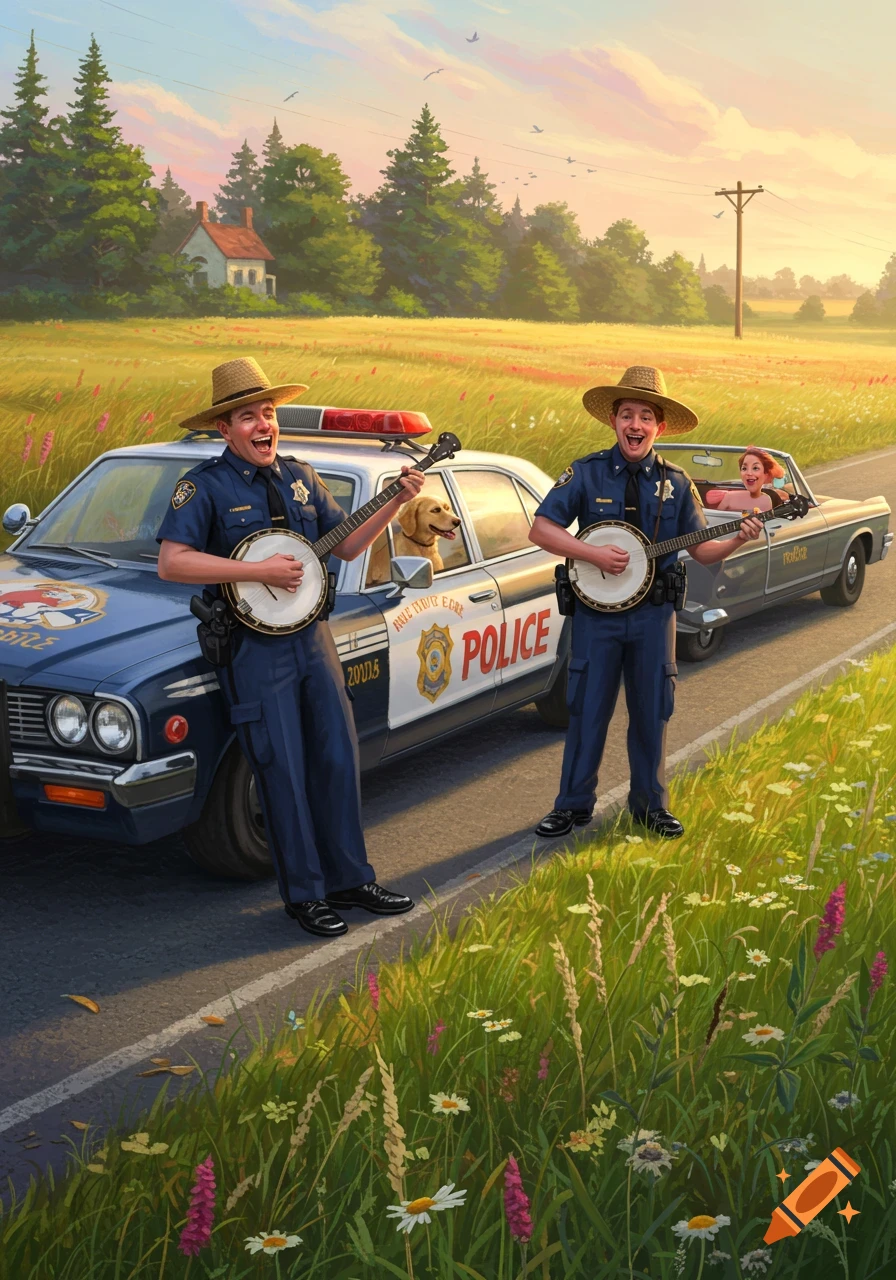 Two smiling police officers in straw hats play banjos next to a patrol car with a dog in it on a sunny rural road, an old car with a woman passes by.
