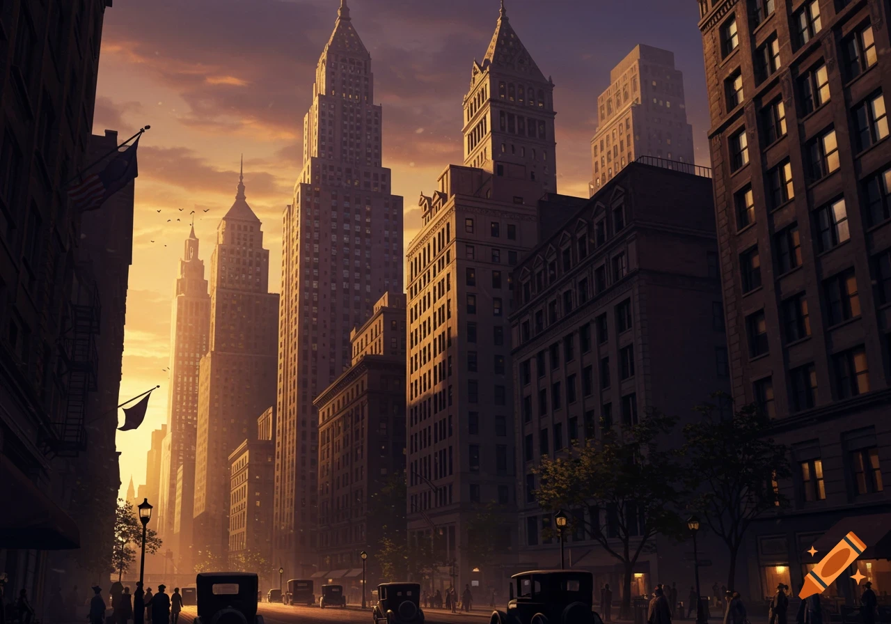 A retro cityscape at sunset with towering Art Deco skyscrapers, classic cars on a bustling street, and people walking.