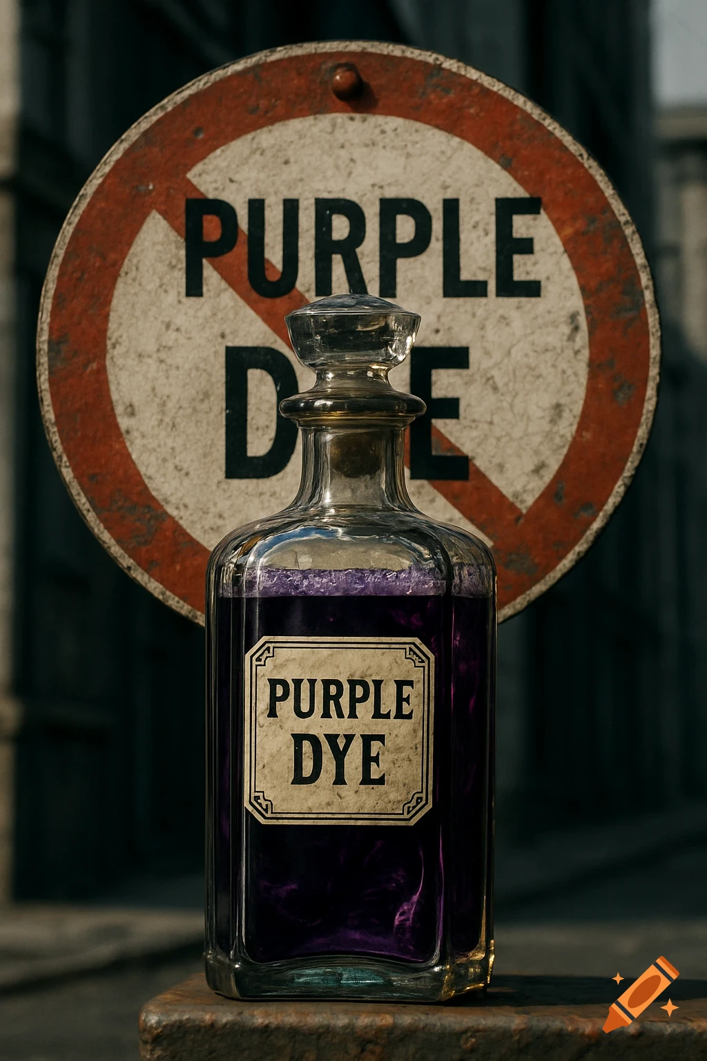 A photorealistic image of a glass bottle labeled 'PURPLE DYE' on a weathered prohibition sign saying 'NO PURPLE DYE'.