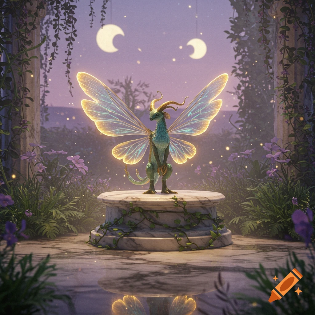 A glowing, winged fantasy creature with horns stands on a stone pedestal in a lush, magical garden with two moons in a purple sky.